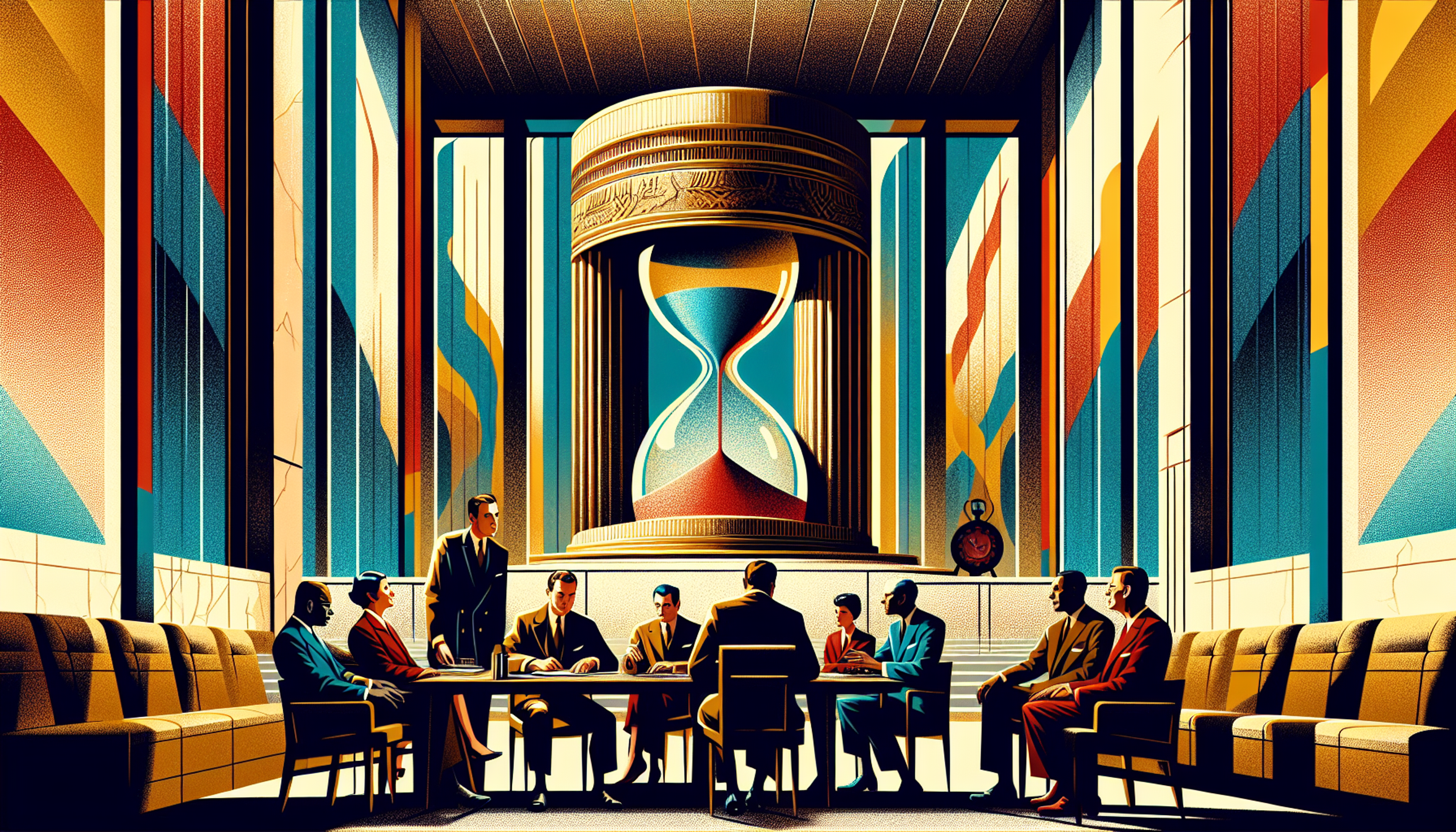 A colorful, stylized meeting room with an
