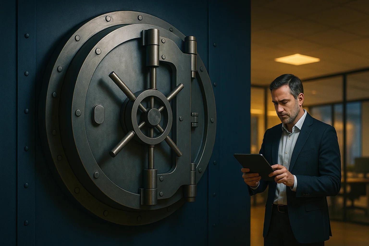 A man in a suit stands beside a large vault door