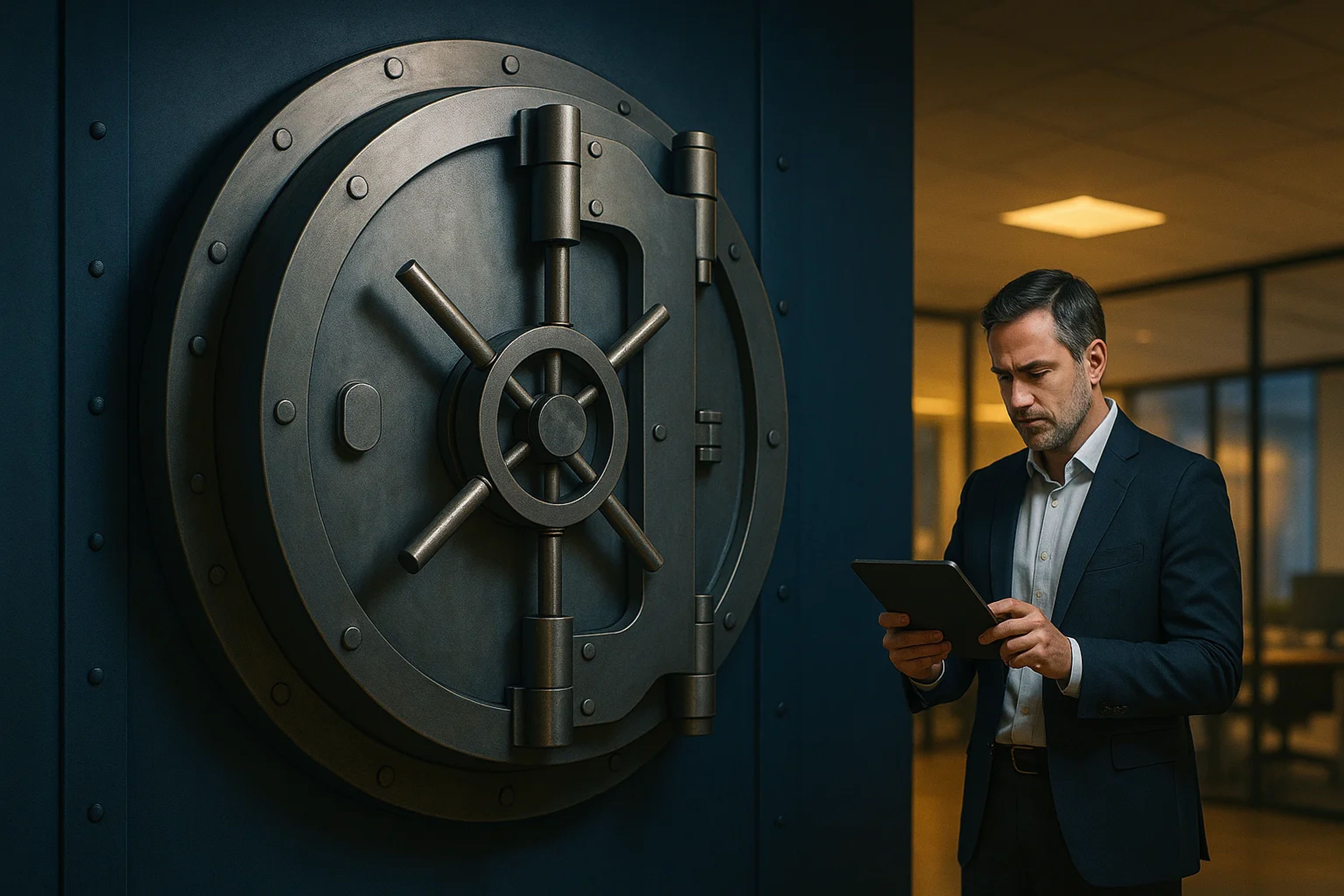 A man in a suit stands beside a large vault door