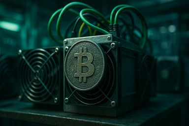 Close-up of a Bitcoin mining rig with green cables