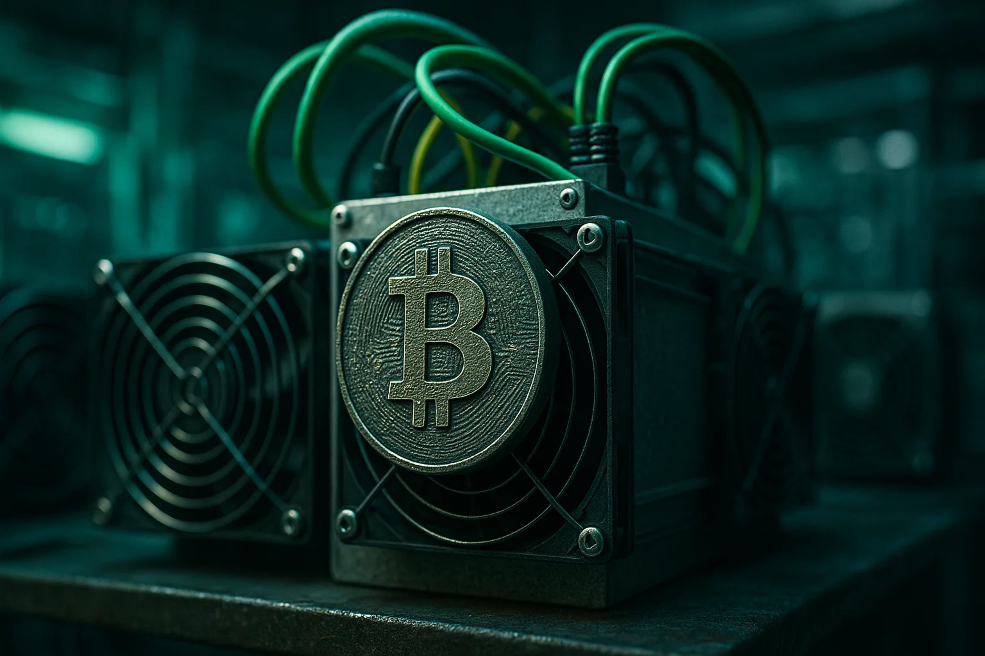 Close-up of a Bitcoin mining rig with green cables
