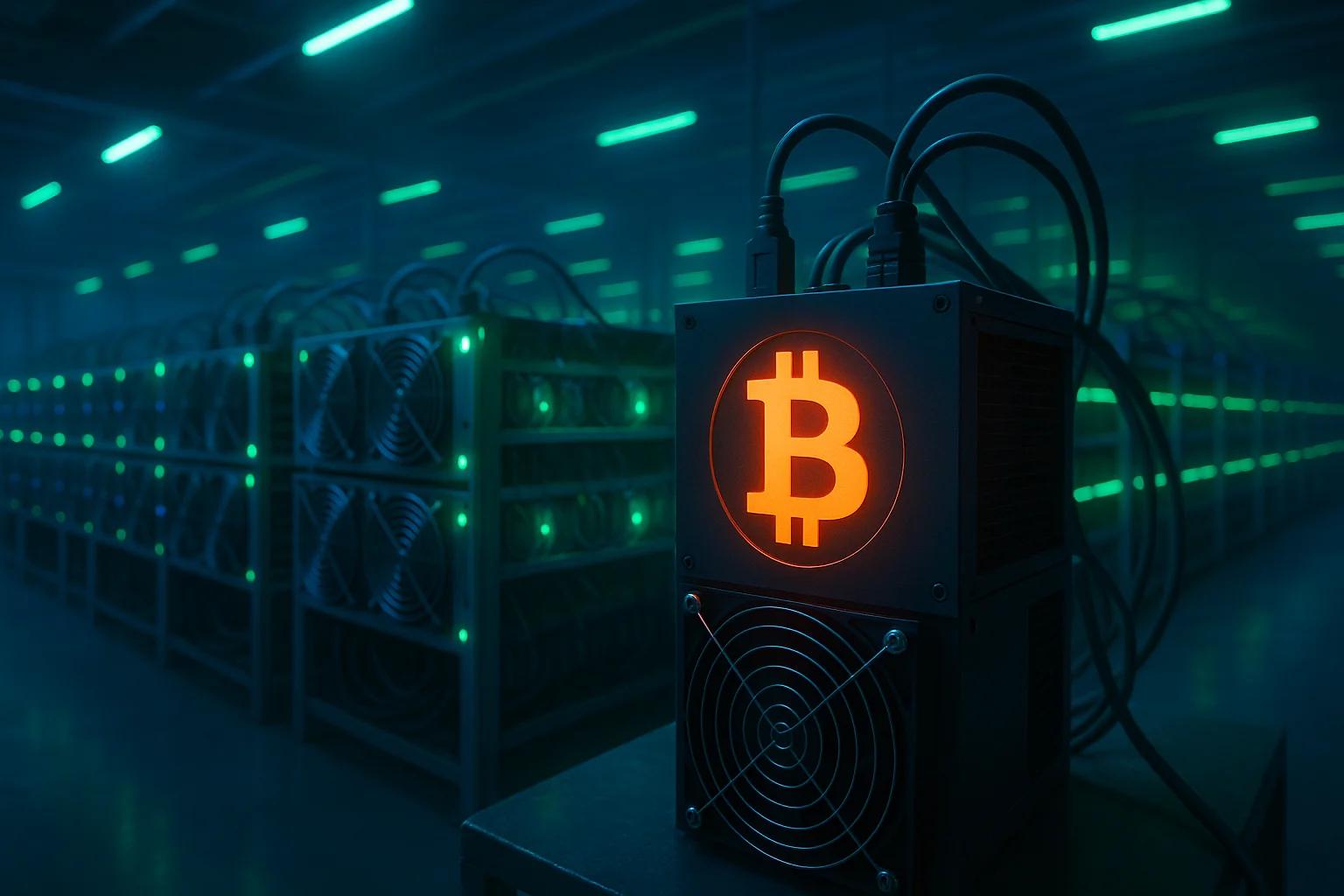 Bitcoin mining equipment in a dimly lit warehouse