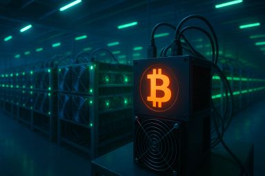 Bitcoin mining equipment in a dimly lit warehouse