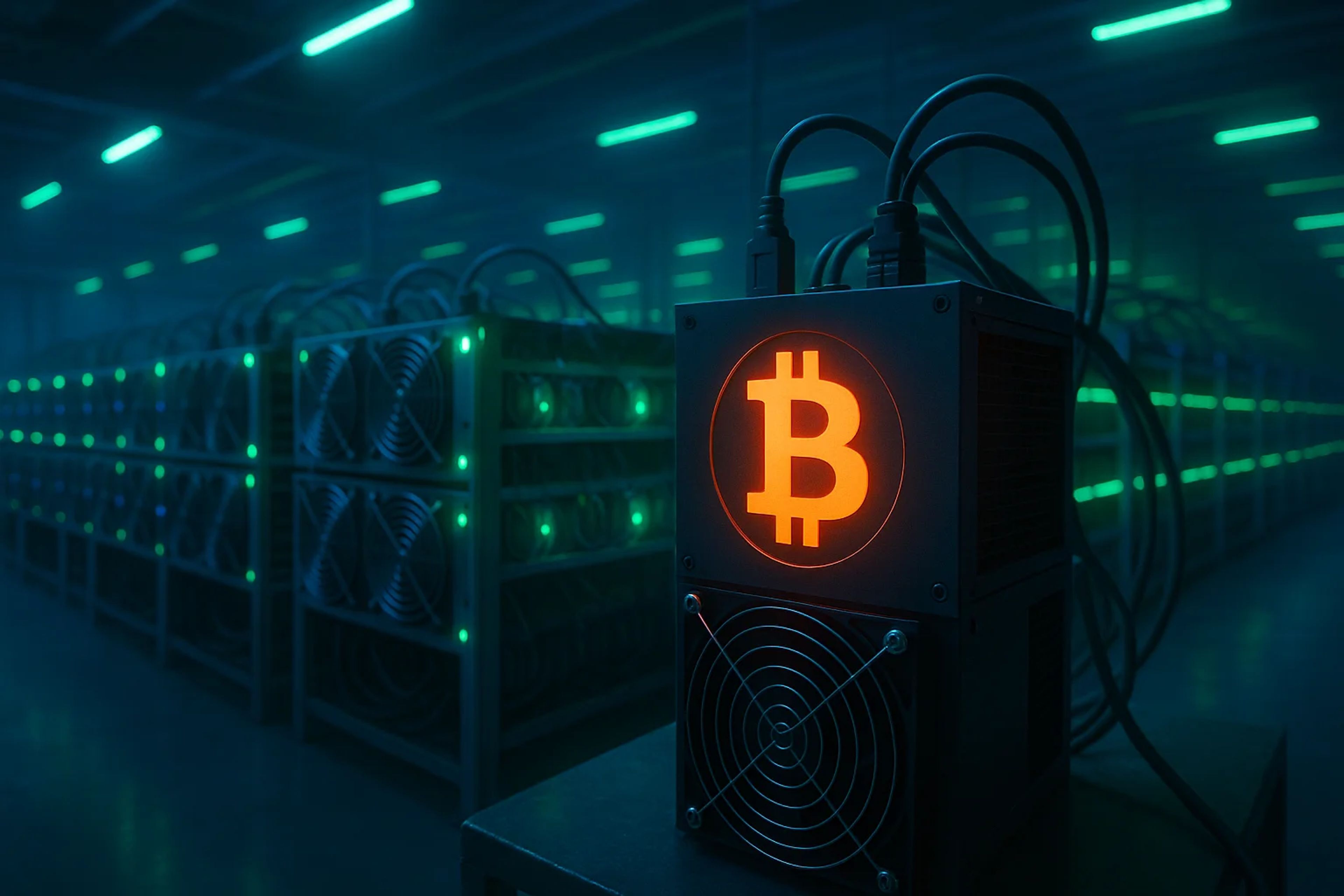Bitcoin mining equipment in a dimly lit warehouse