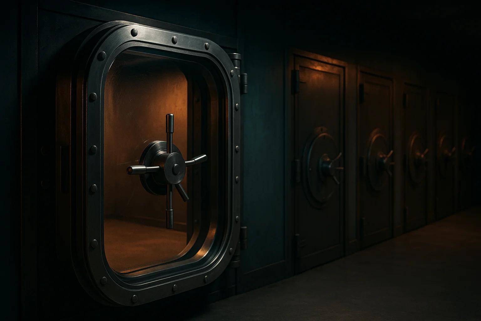A dimly lit bank vault corridor with metal vault
