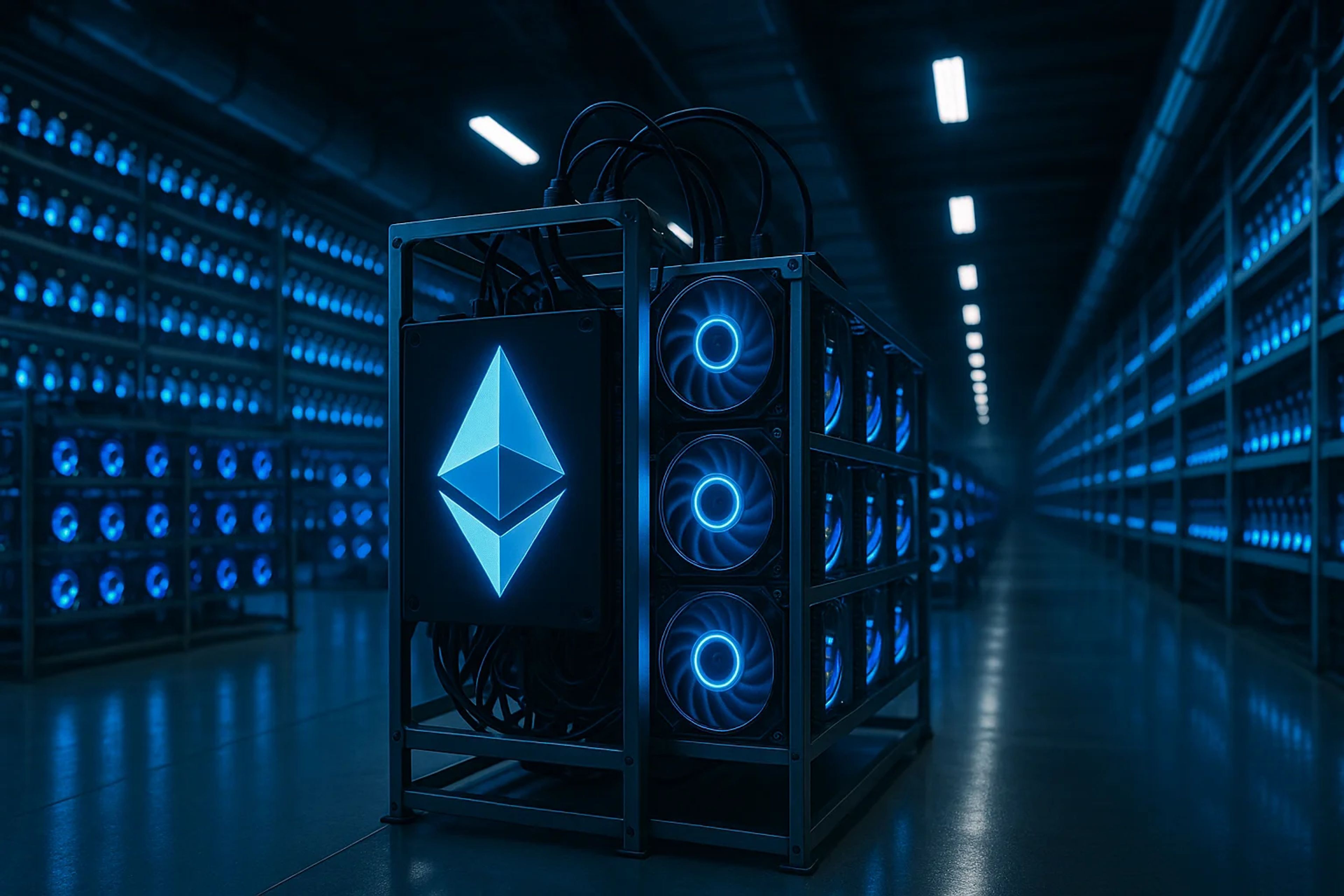 A row of computer servers with blue lighting