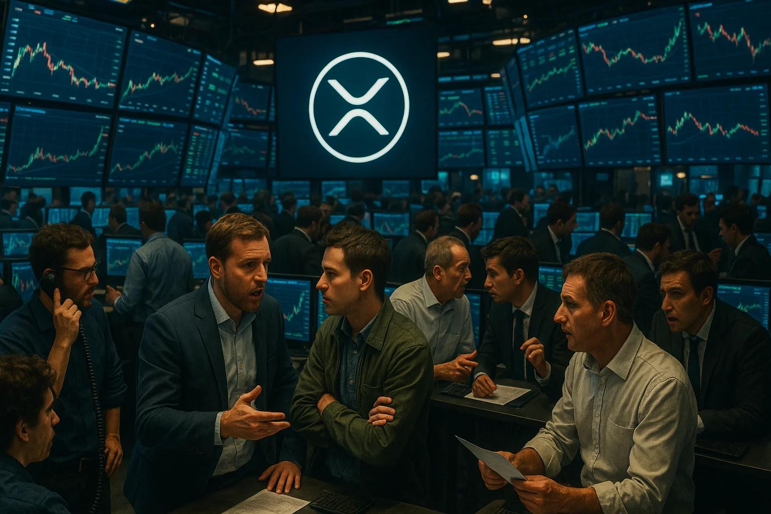 A busy trading floor with multiple screens