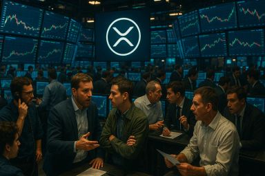 A busy trading floor with multiple screens