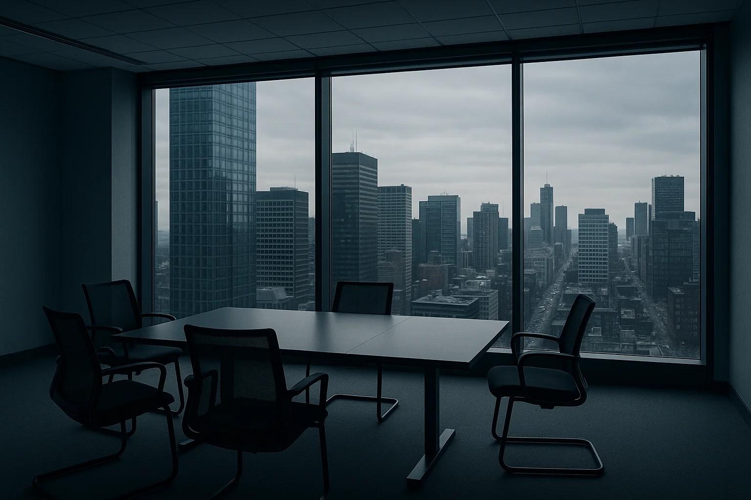Empty conference room with city skyline view