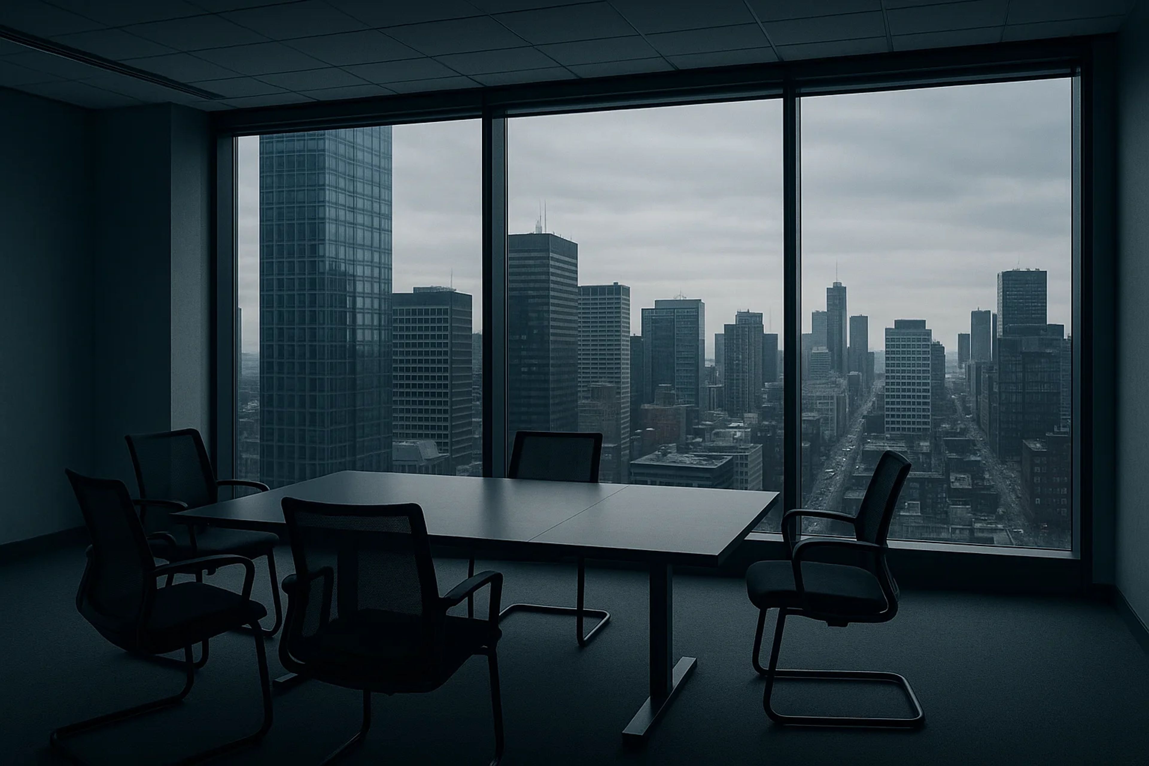Empty conference room with city skyline view