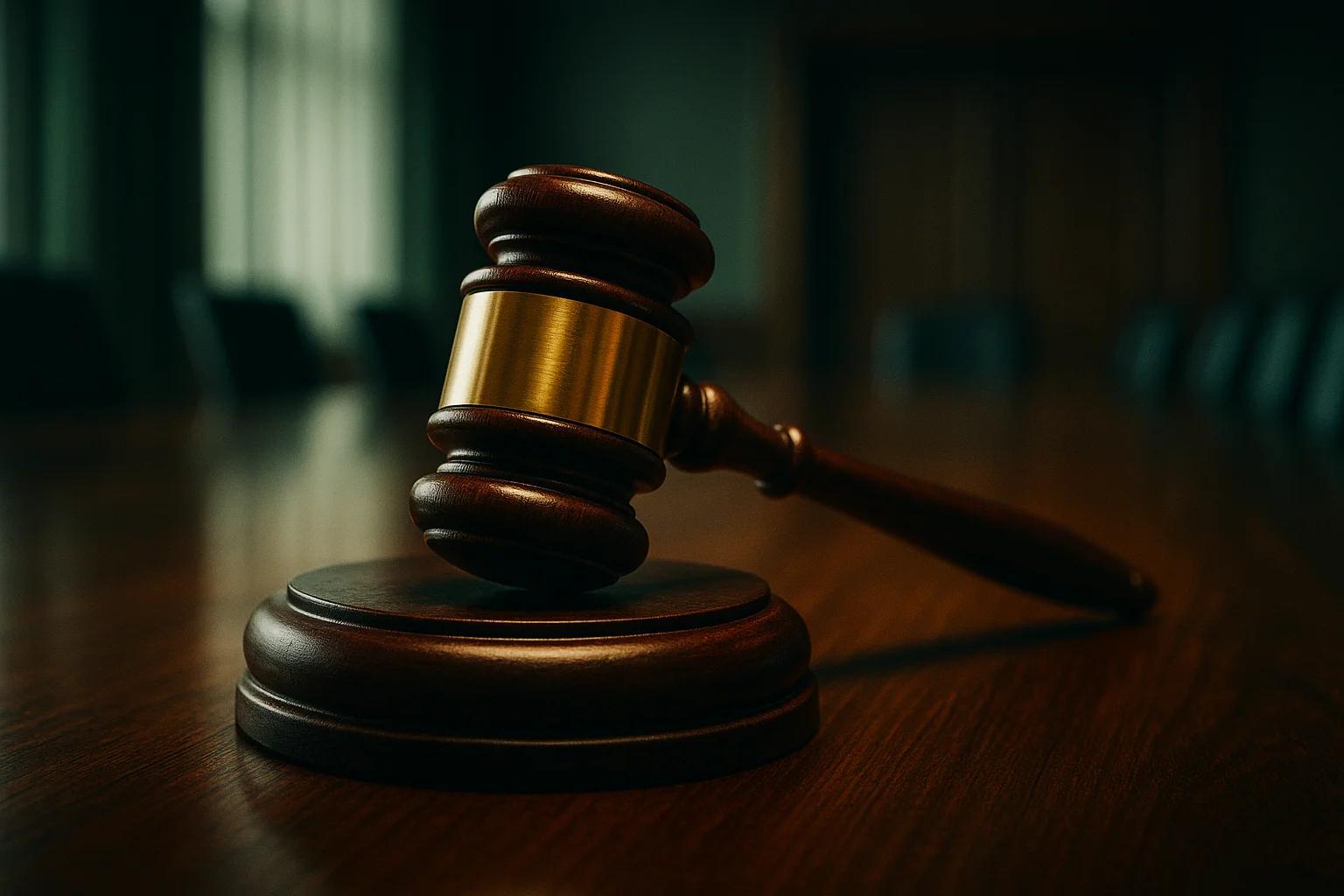 A wooden gavel resting on a round base