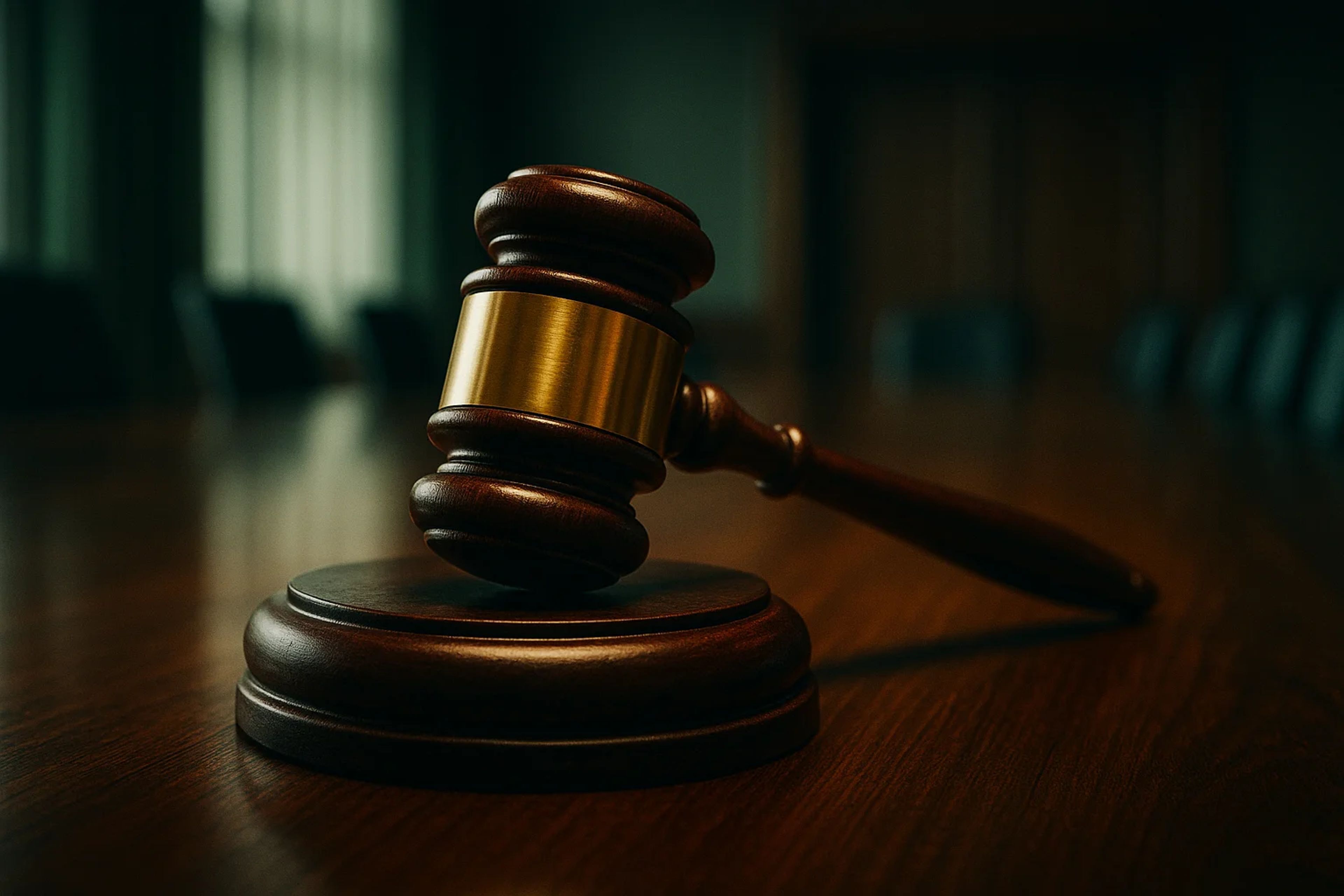 A wooden gavel resting on a round base