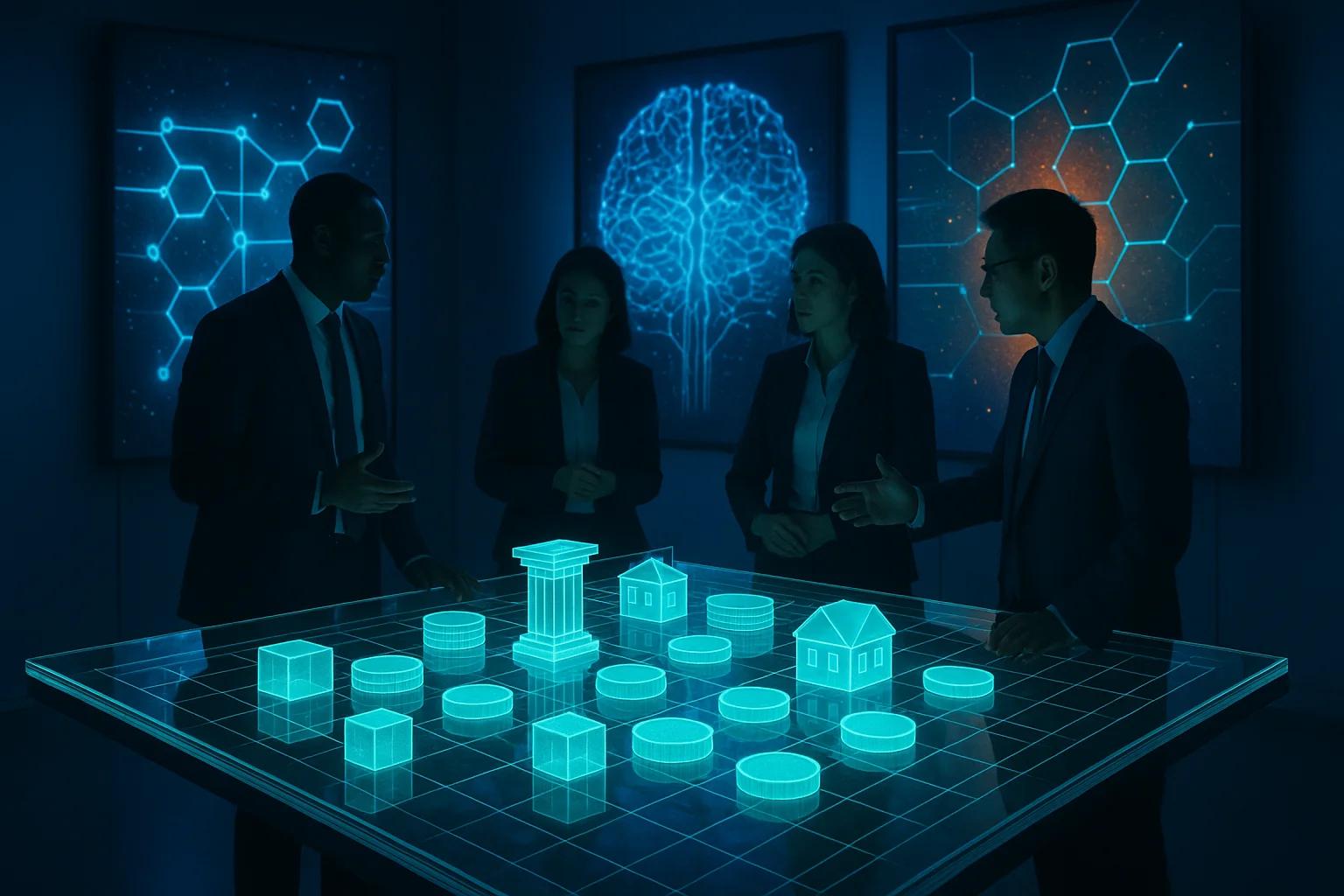 Four professionals discussing holographic models