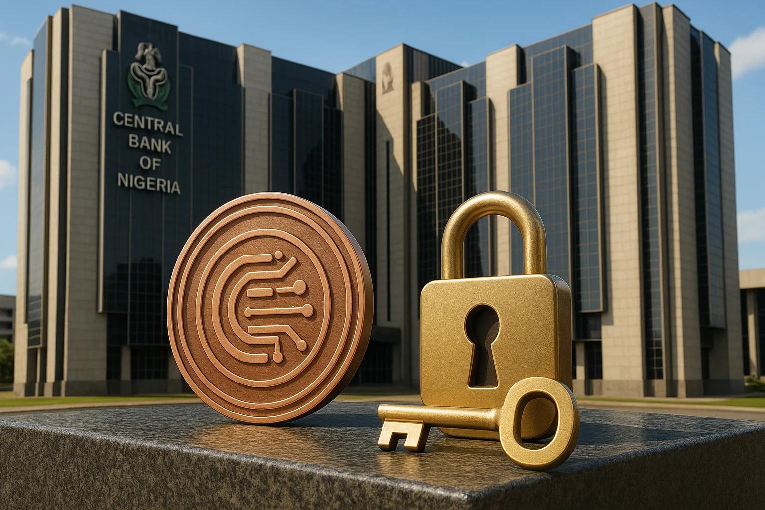 Golden coin and padlock in front of a modern