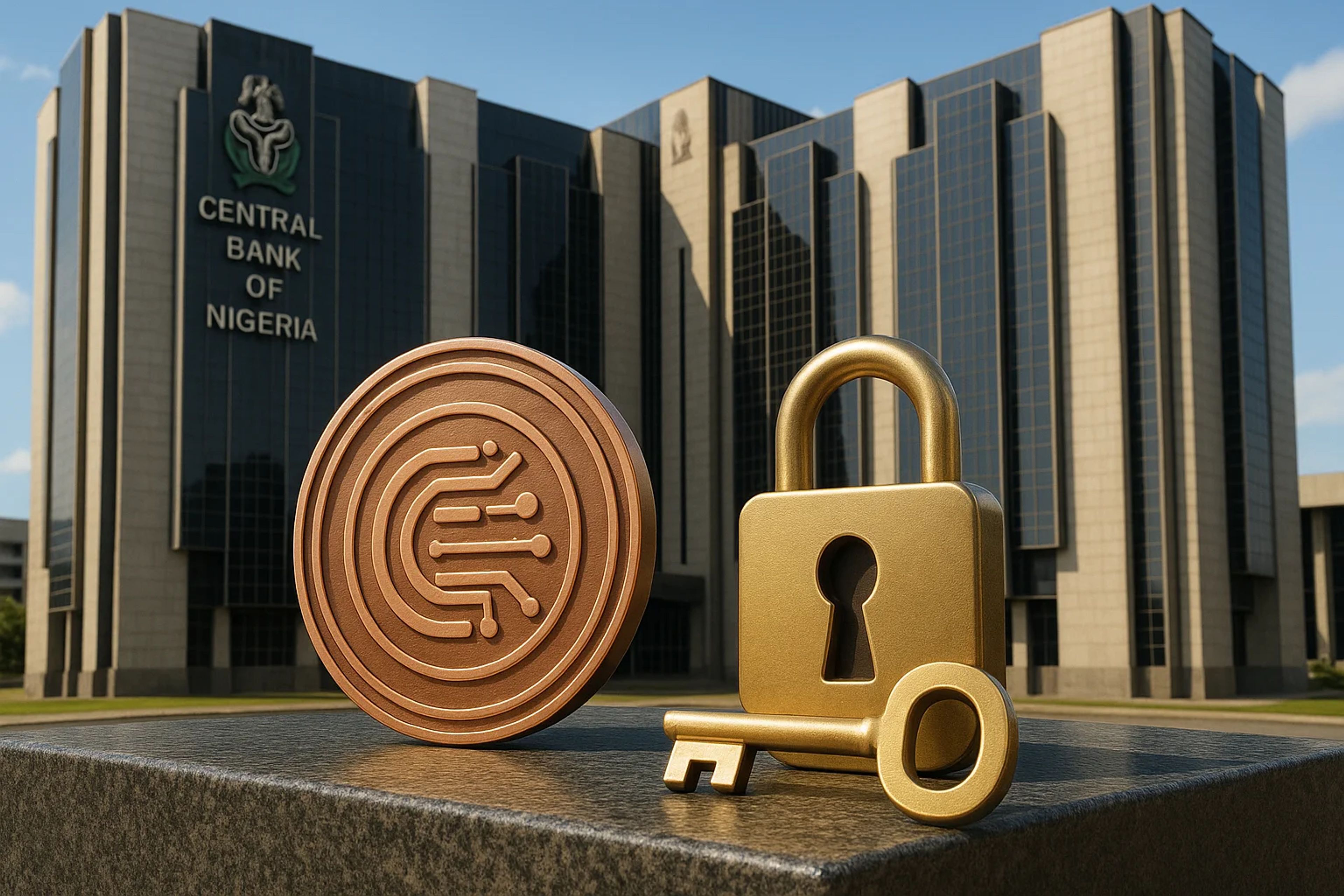 Golden coin and padlock in front of a modern