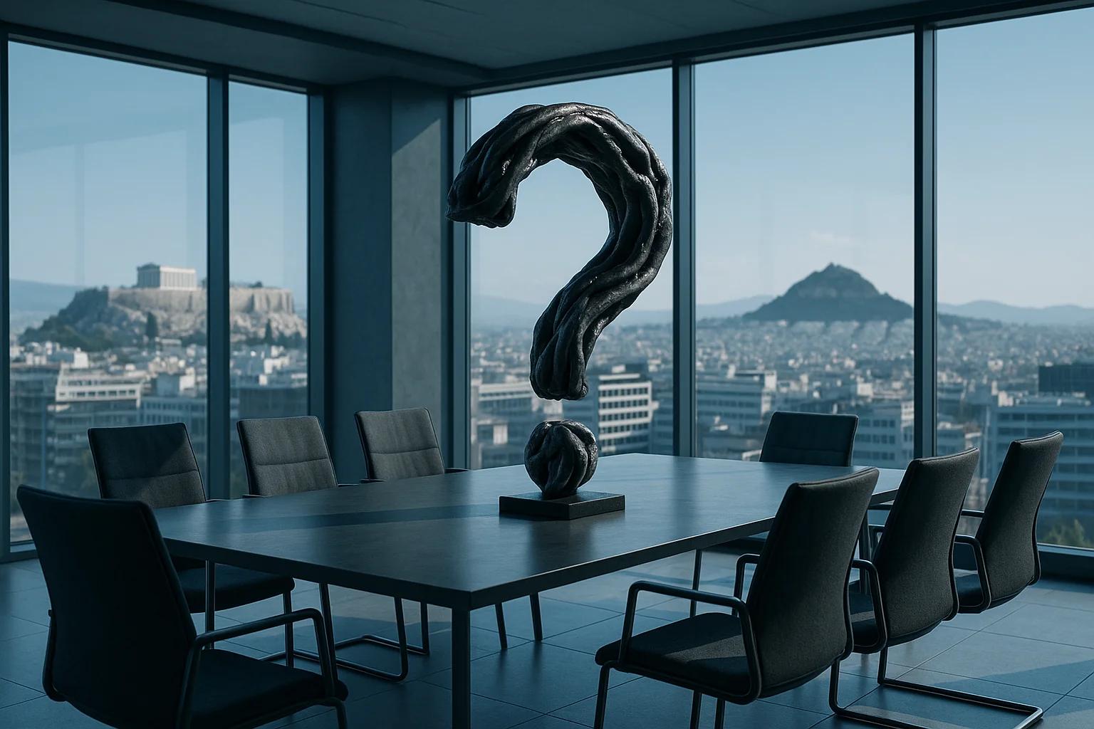 A modern conference room with a large question