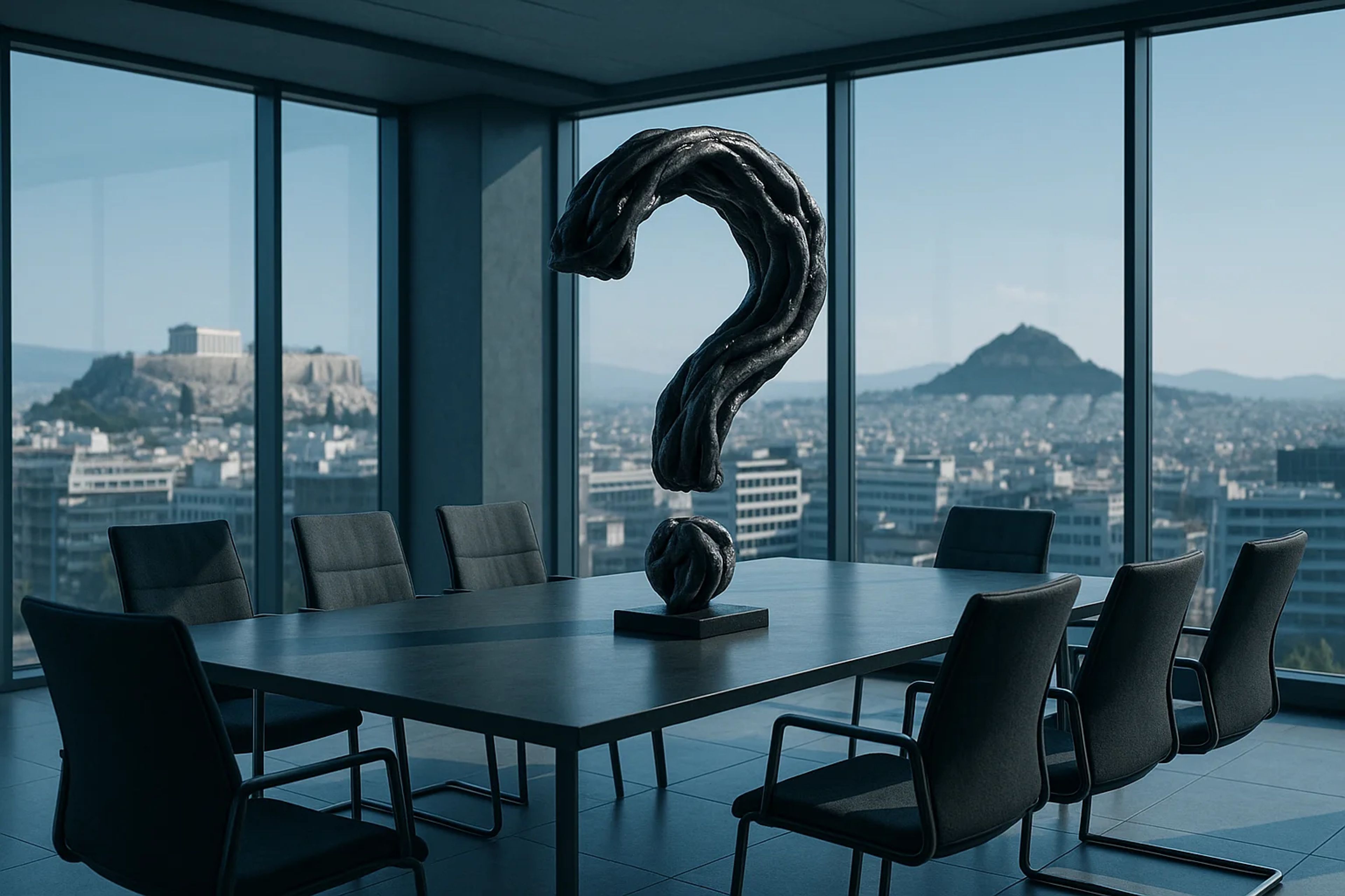 A modern conference room with a large question