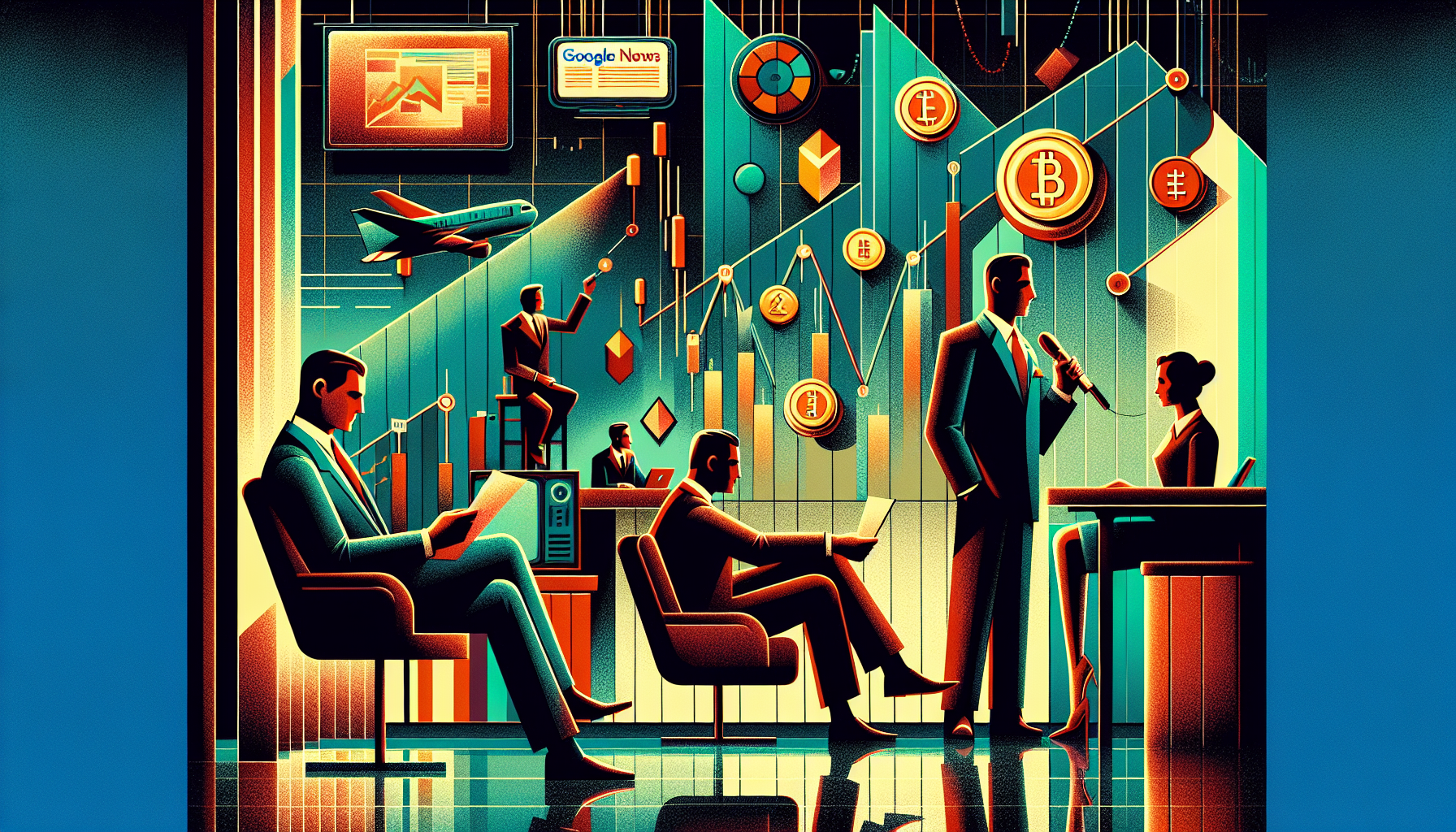 Stylized office scene with people discussing