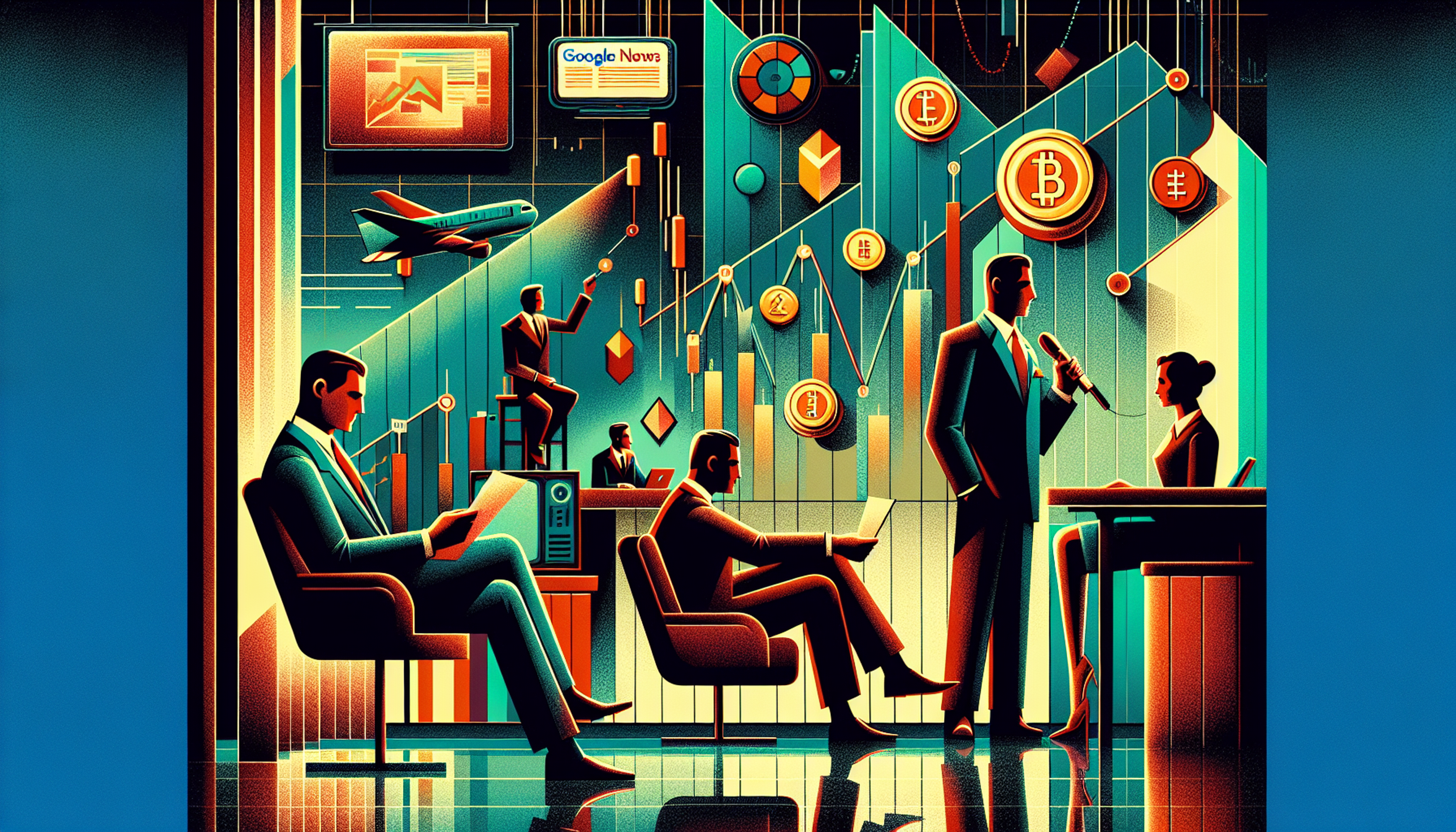 Stylized office scene with people discussing