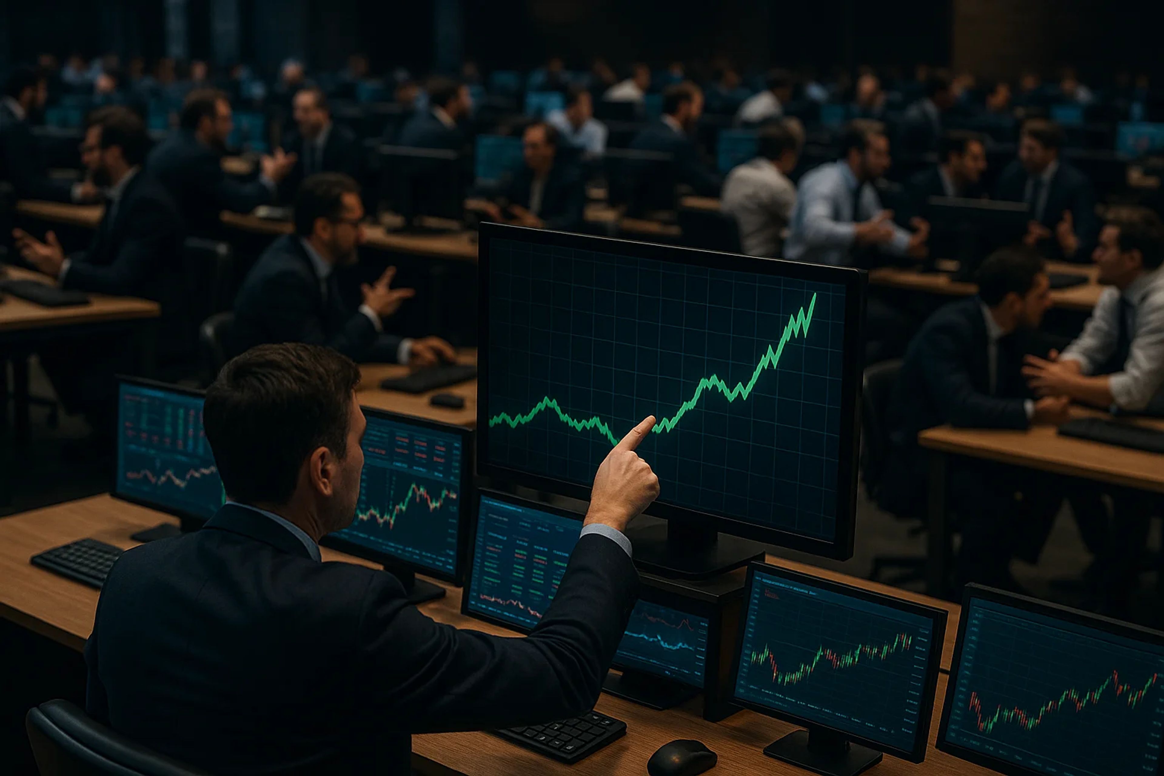 A busy trading floor with multiple screens