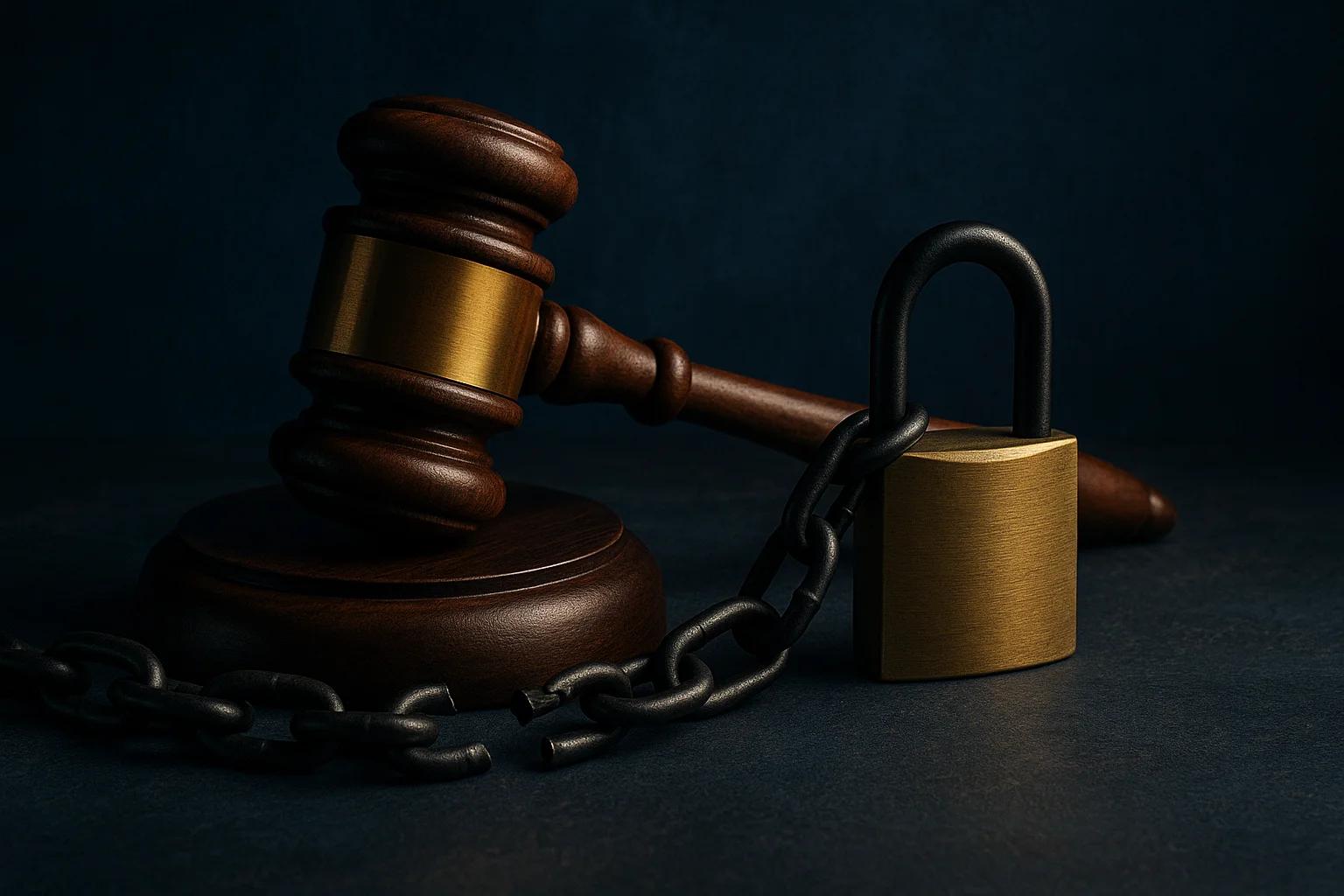 A wooden gavel and a gold padlock connected by a