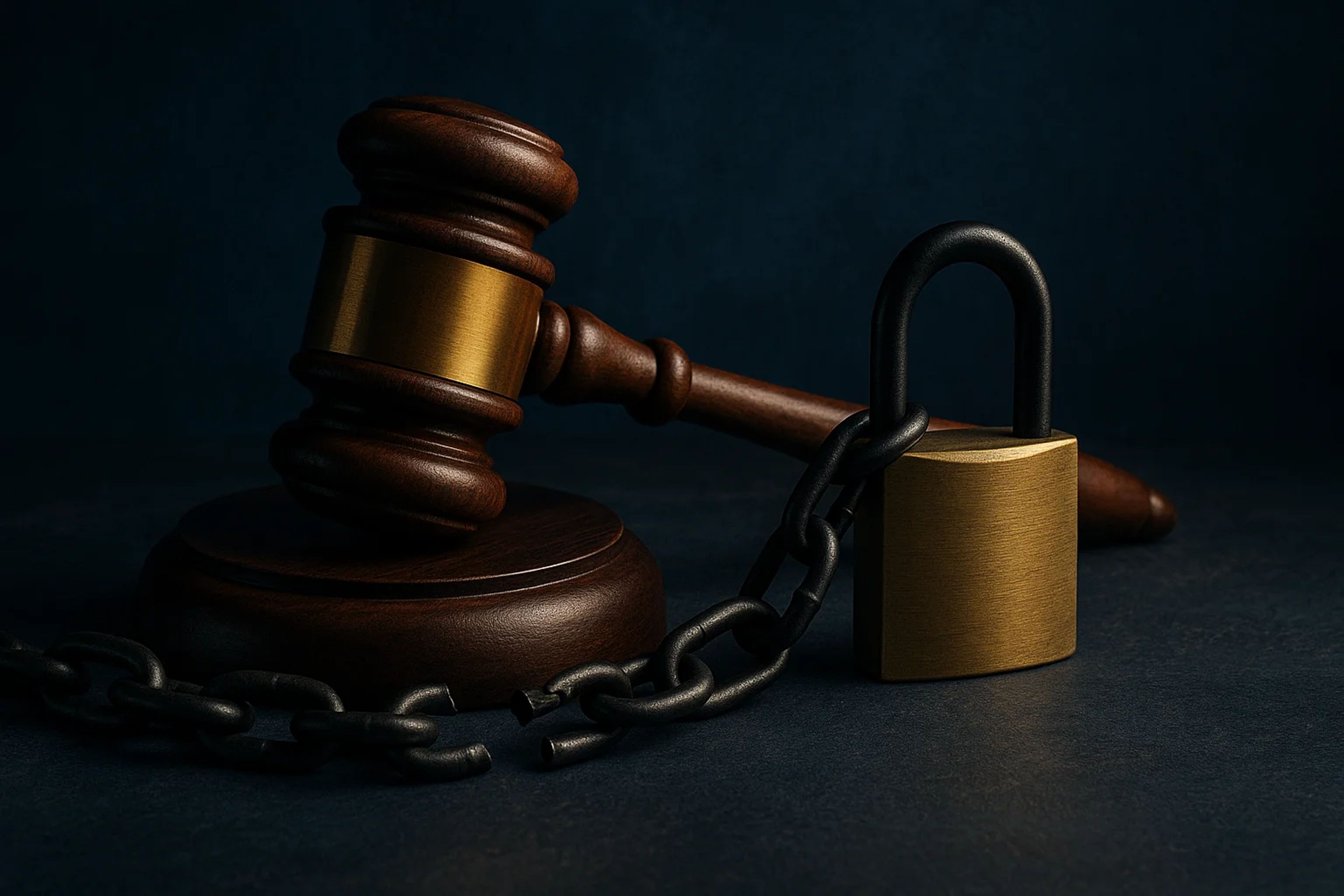 A wooden gavel and a gold padlock connected by a