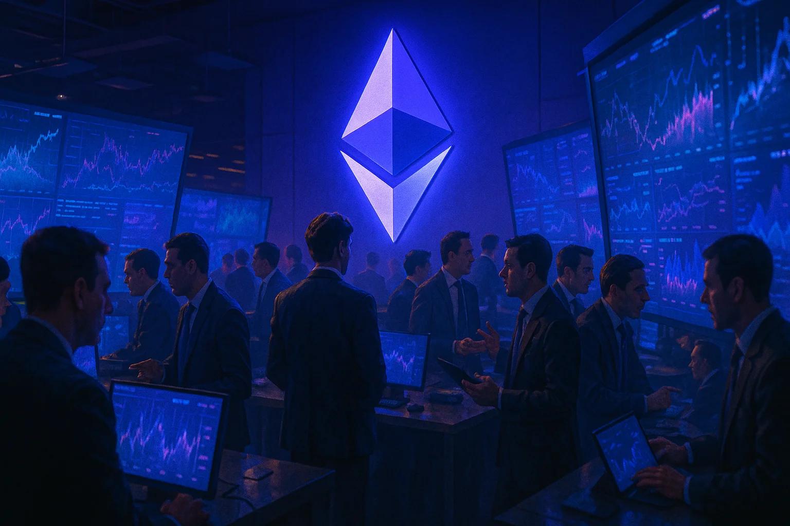 A dimly lit trading room with multiple screens