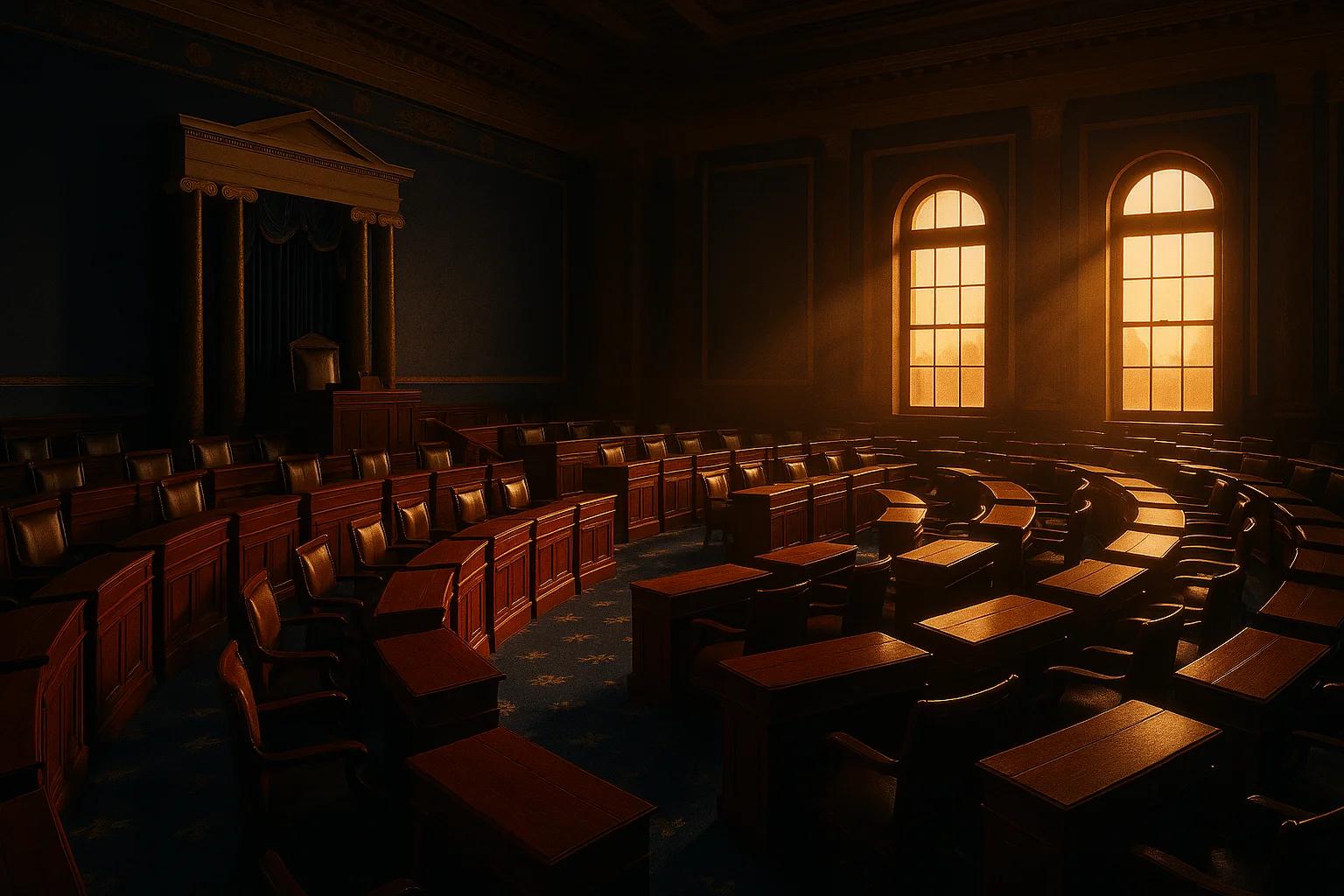 Empty legislative chamber with wooden desks and