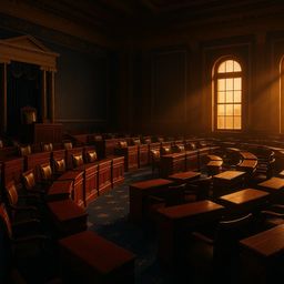 Empty legislative chamber with wooden desks and