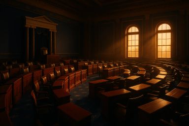 Empty legislative chamber with wooden desks and