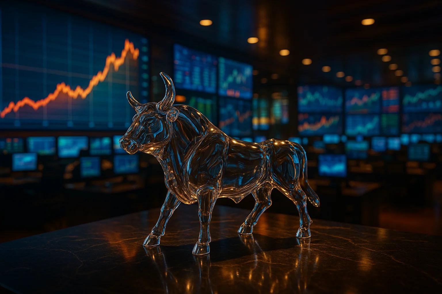 A glass bull sculpture in a dimly lit trading room