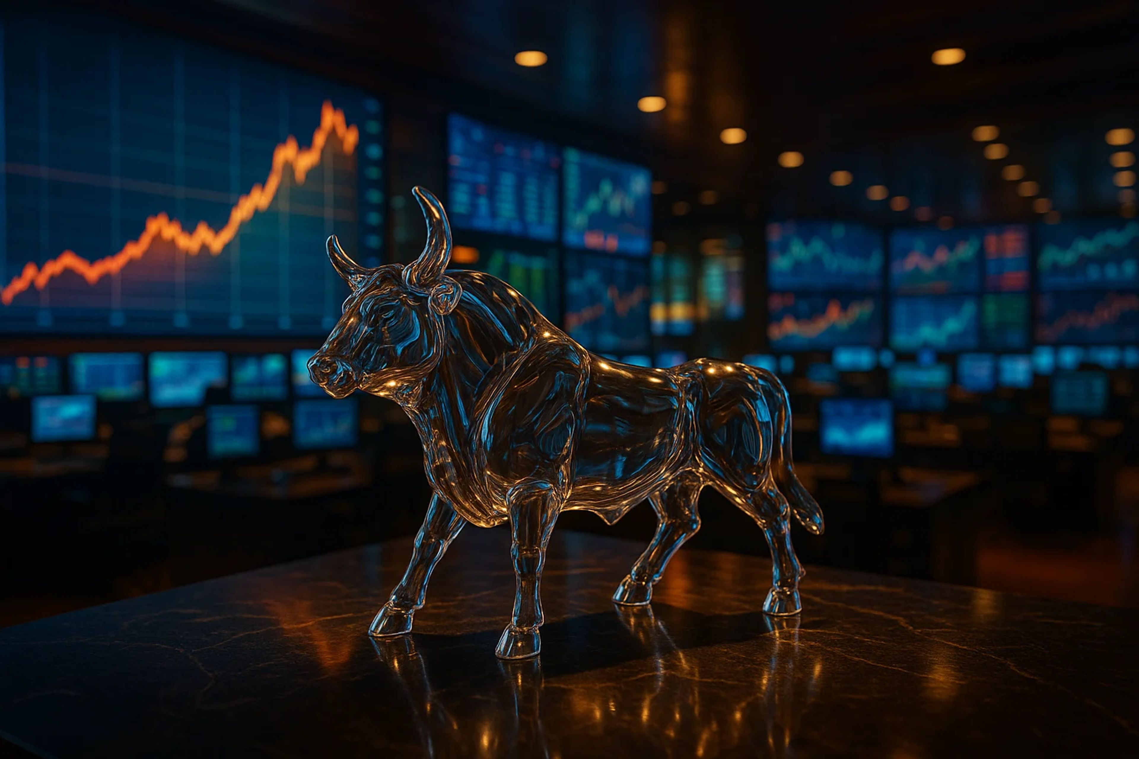 A glass bull sculpture in a dimly lit trading room