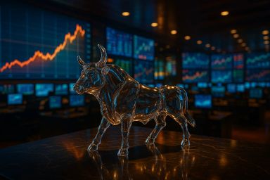 A glass bull sculpture in a dimly lit trading room