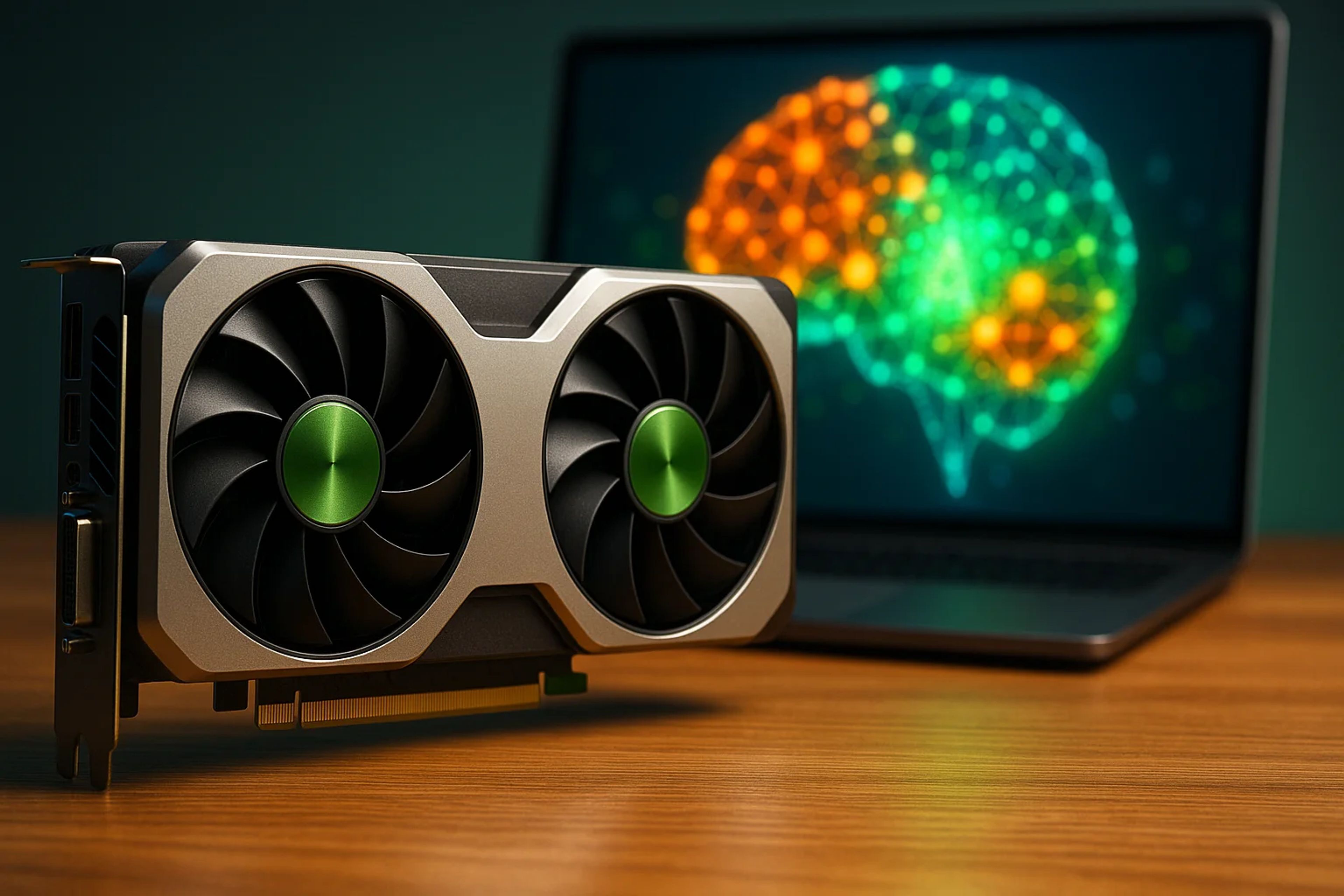 A graphics card in the foreground with a laptop