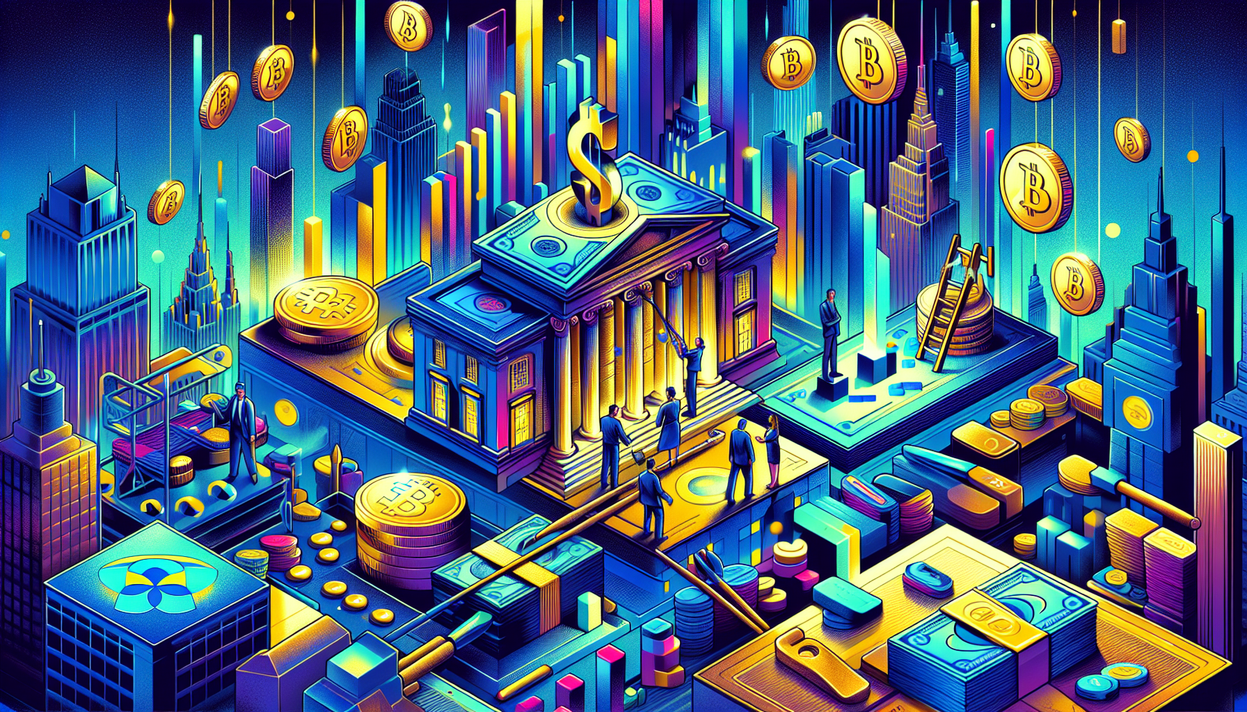 Colorful digital cityscape with coins and