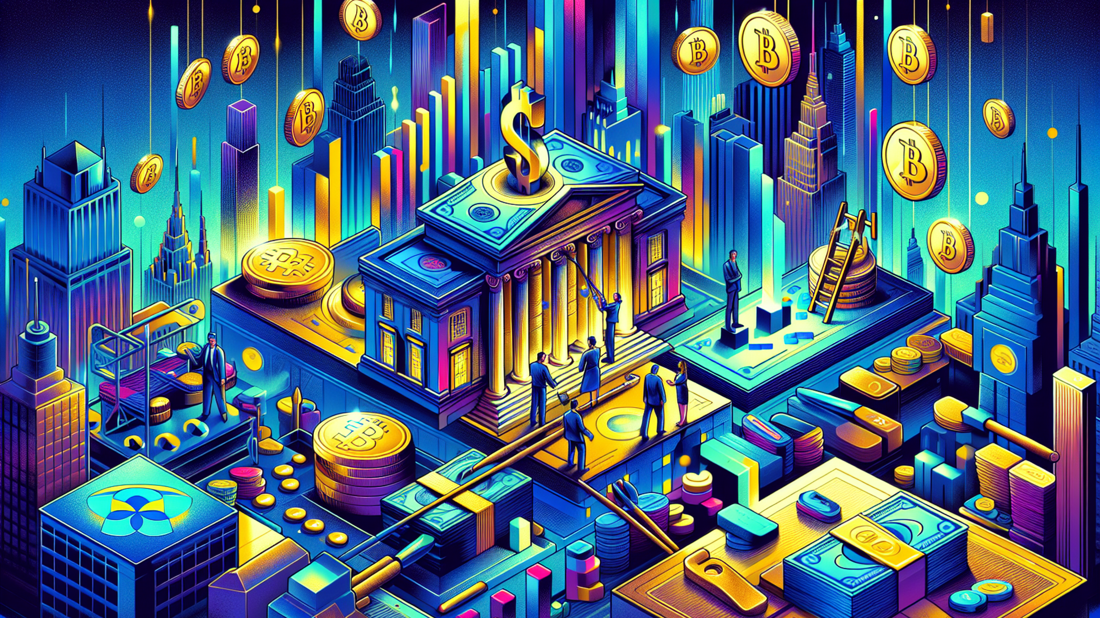 Colorful digital cityscape with coins and