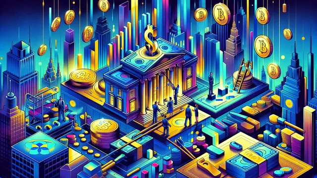 Colorful digital cityscape with coins and