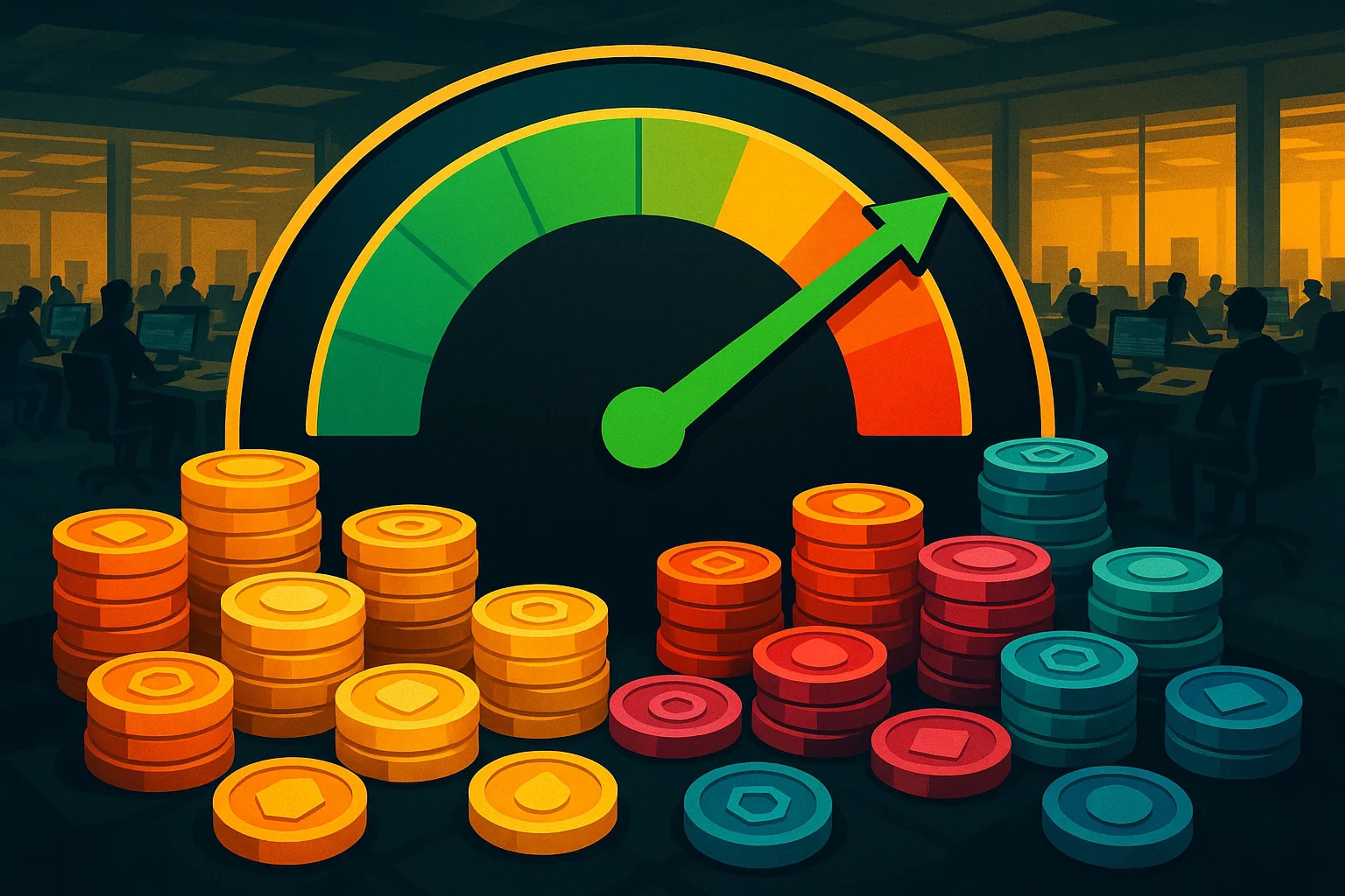 Colorful coins stacked beside a gauge with an