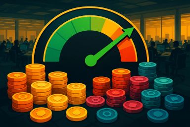 Colorful coins stacked beside a gauge with an