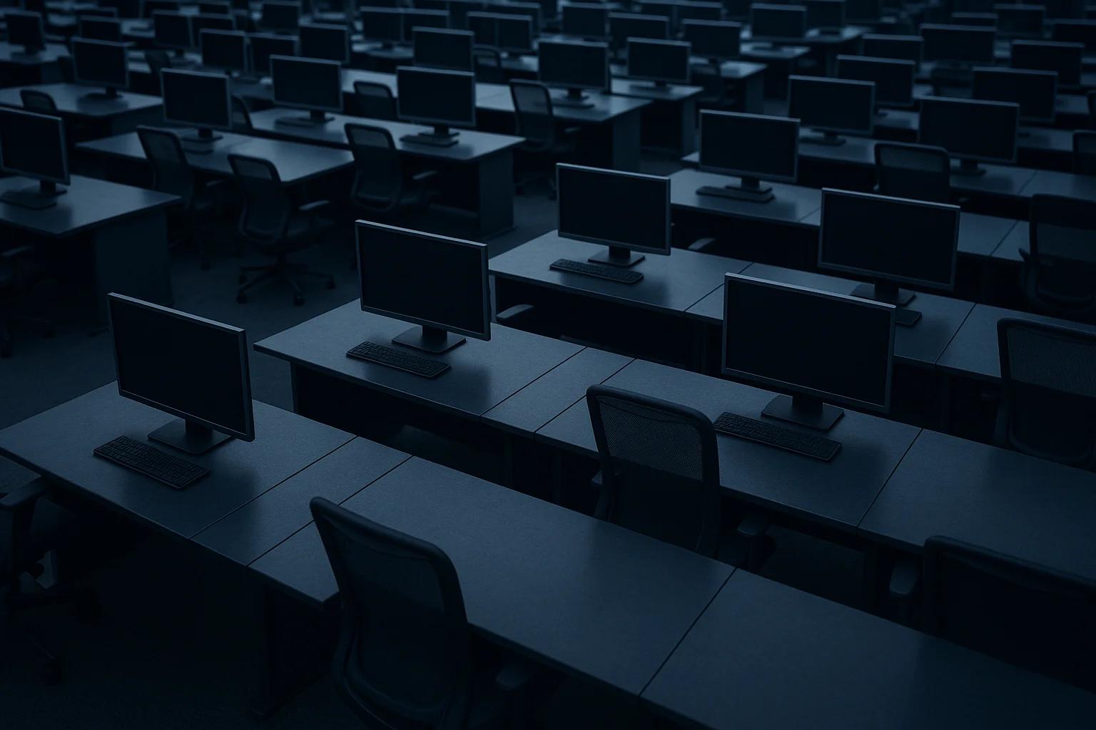 Rows of empty desks with computer monitors
