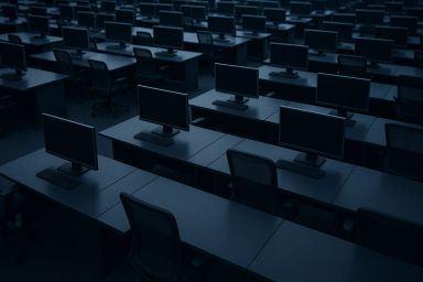 Rows of empty desks with computer monitors