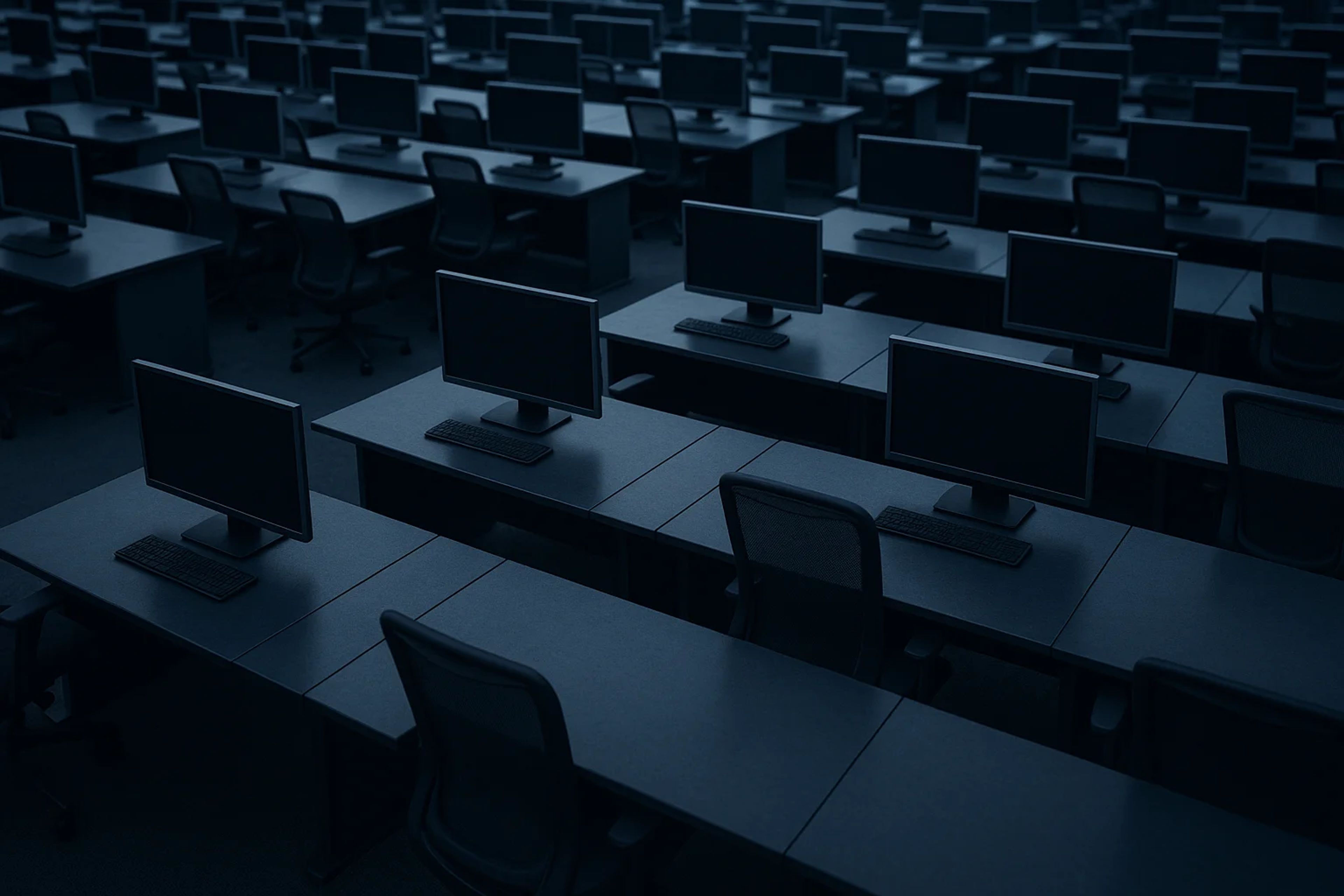 Rows of empty desks with computer monitors