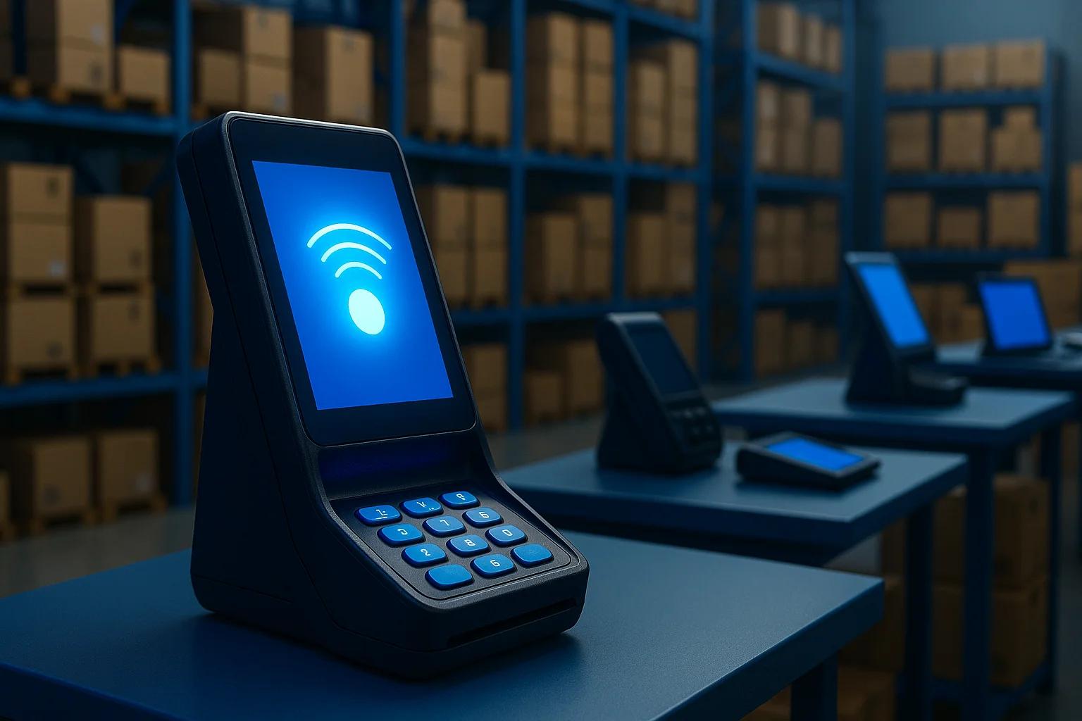 Electronic devices on blue tables in a warehouse