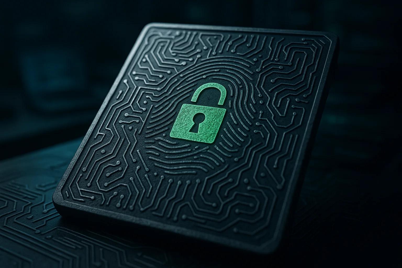 A dark circuit board with a green lock symbol