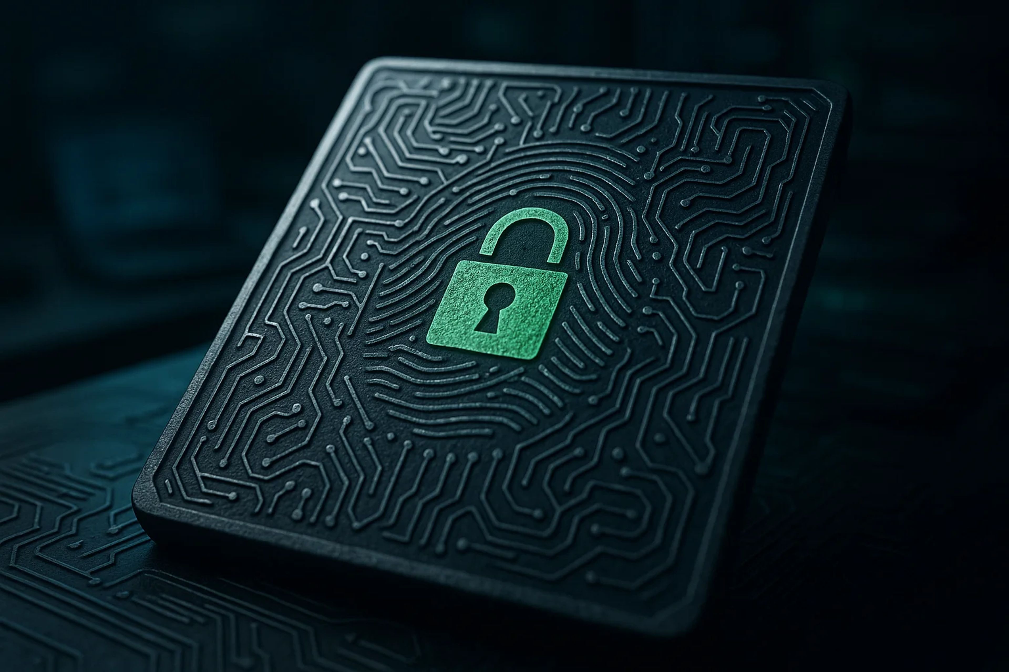 A dark circuit board with a green lock symbol