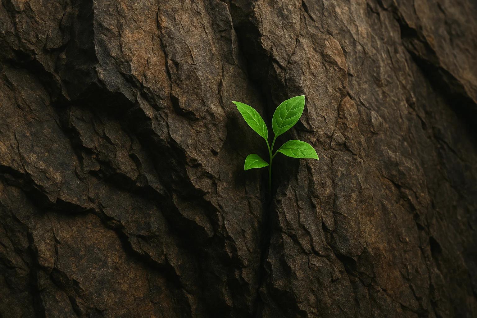 A small green plant growing from a textured rock