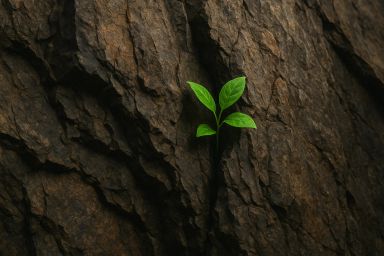 A small green plant growing from a textured rock