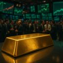 A gold bar in the foreground with a busy trading