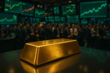 A gold bar in the foreground with a busy trading