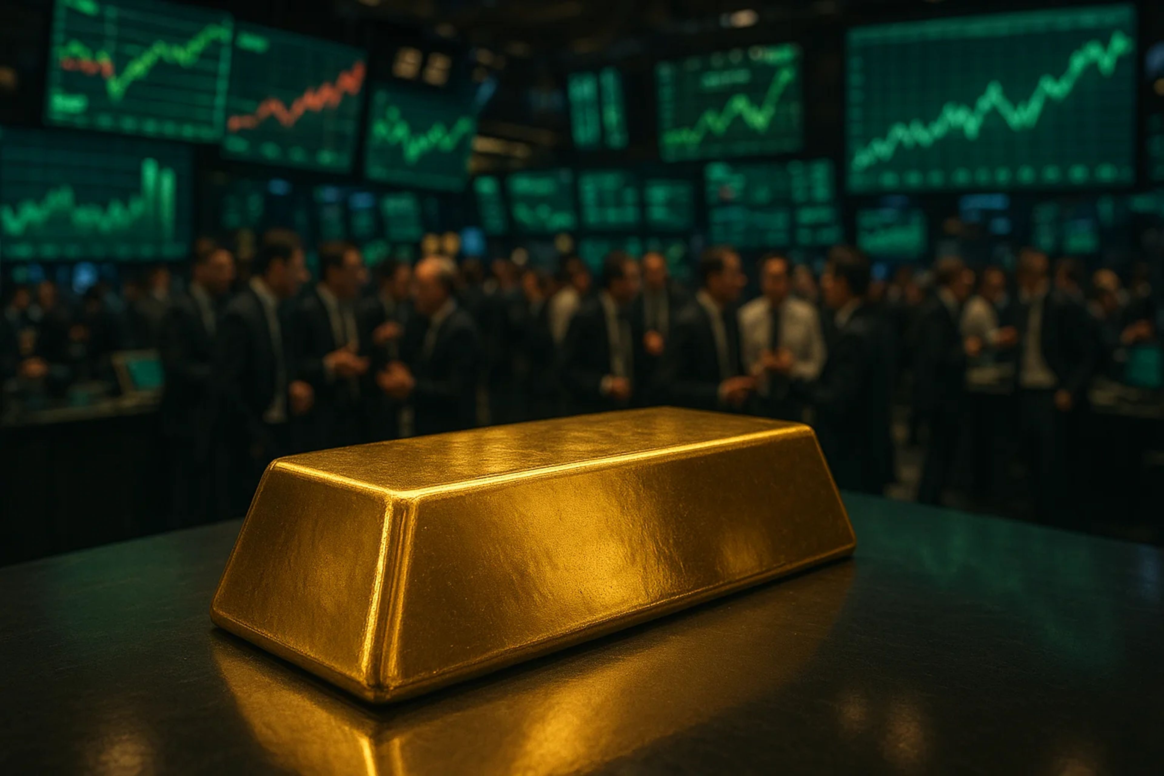 A gold bar in the foreground with a busy trading